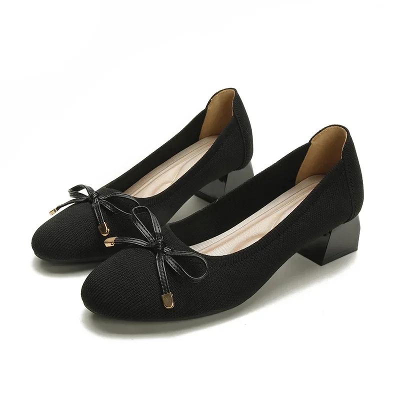 Knit Slip On Pumps Bow Shoes Women Mesh Loafers Stretch Ballet Shallow Dress Shoes Moccasins Comfort Ballet Work Shoes 2025