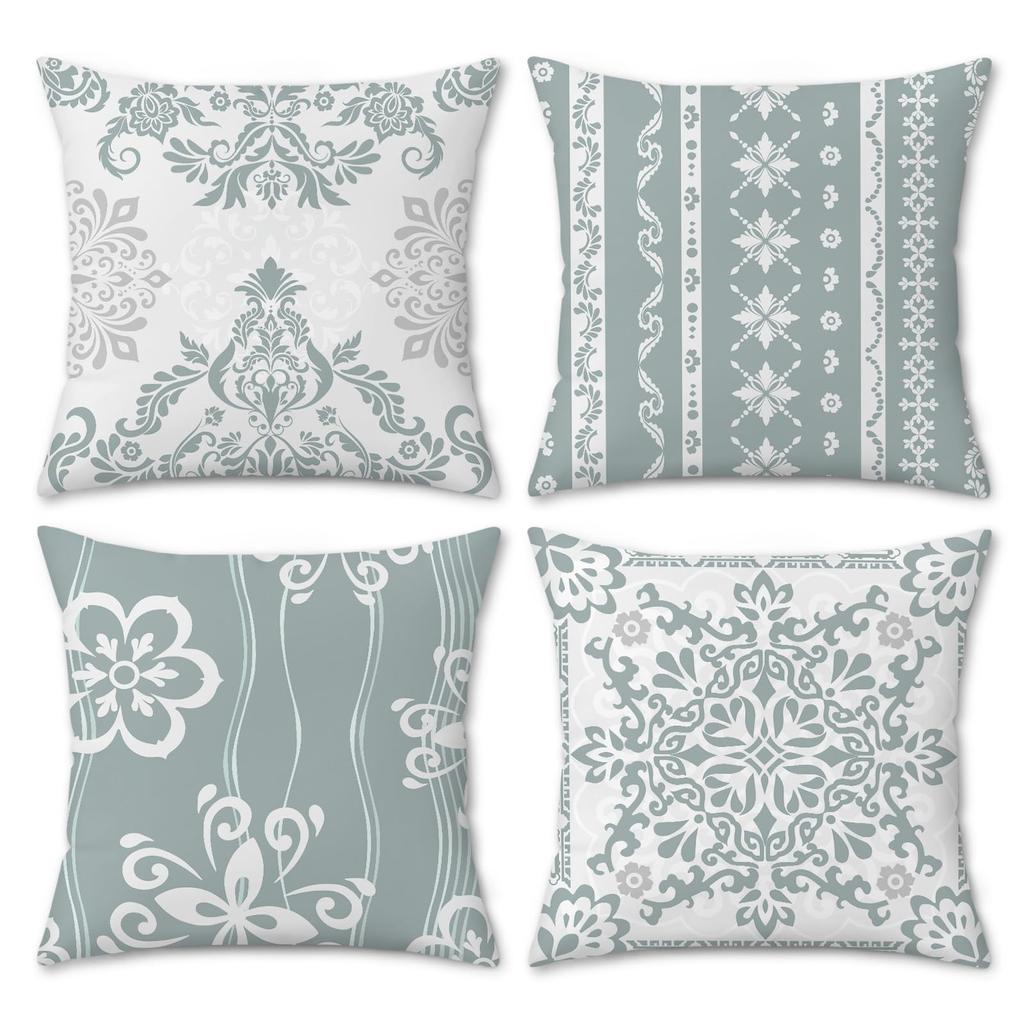 4Pcs Sage Green White Damask Floral Stripe Vintage Printed Pillow Cover Polyester Cushion Case 2D Flat Printing Pillowcase Now