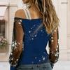 Women Plus Size Asymmetric Cold Shoulder Long Sleeve T Shirt Starry Printed Navy Blue Floral Sheer Sleeve