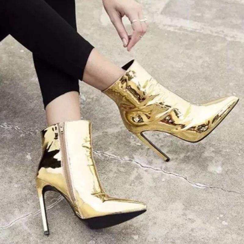 Мода 2024 Дизайнерские Ботильоны Женские Модные Ботильоны На Молнии С Высоким Каблуком Золотые Серебряные Лакированные Кожаные Короткие Ботильоны Обувь Подиумная Обувь