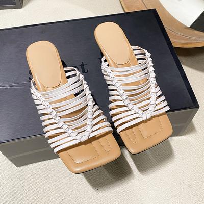 Модные винтажные плетеные полые шлепанцы женские летние новые толстые каблуки квадратный носок открытый носок полузатянутые крутые