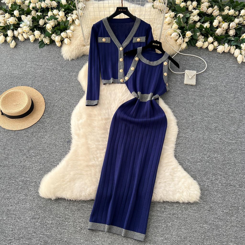 Autumn Winter Women Knitted Sweater Two Piece Set V-neck Jacket Coat and Sleeveless Long Midi Slim Bodycon Sheath Dress Suit