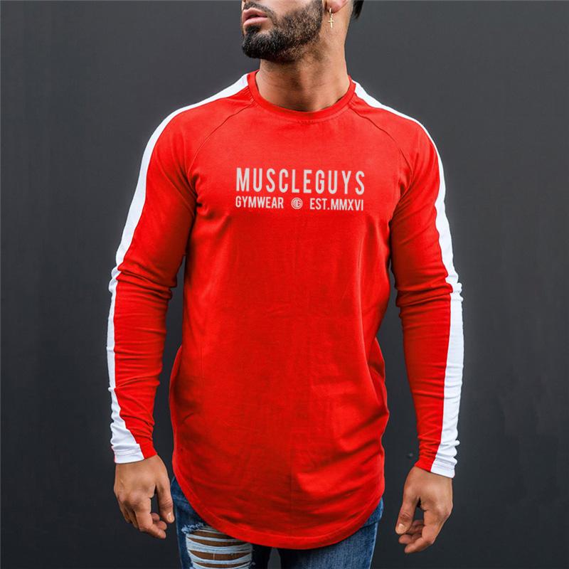 Muscleguys Letter Printed Long Sleeved T-Shirts Mens Sports Undershirts Color Block Tees
