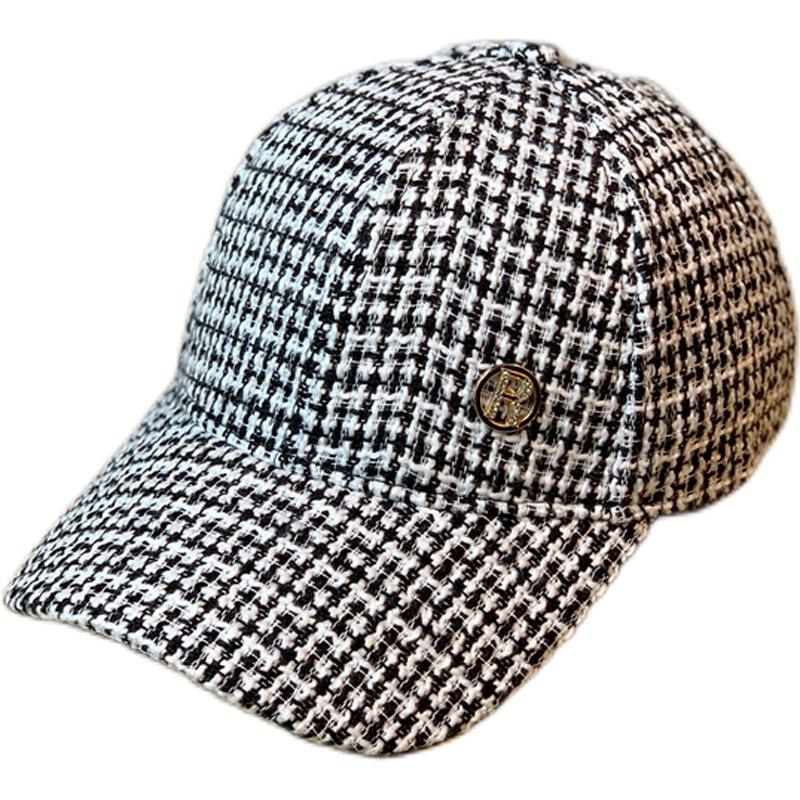 New Korean Style Ins Houndstooth Plaid Rhinestone R-labeled Sunshade Baseball Hat for Women In Autumn and Winter Versatile Casual Peaked Cap