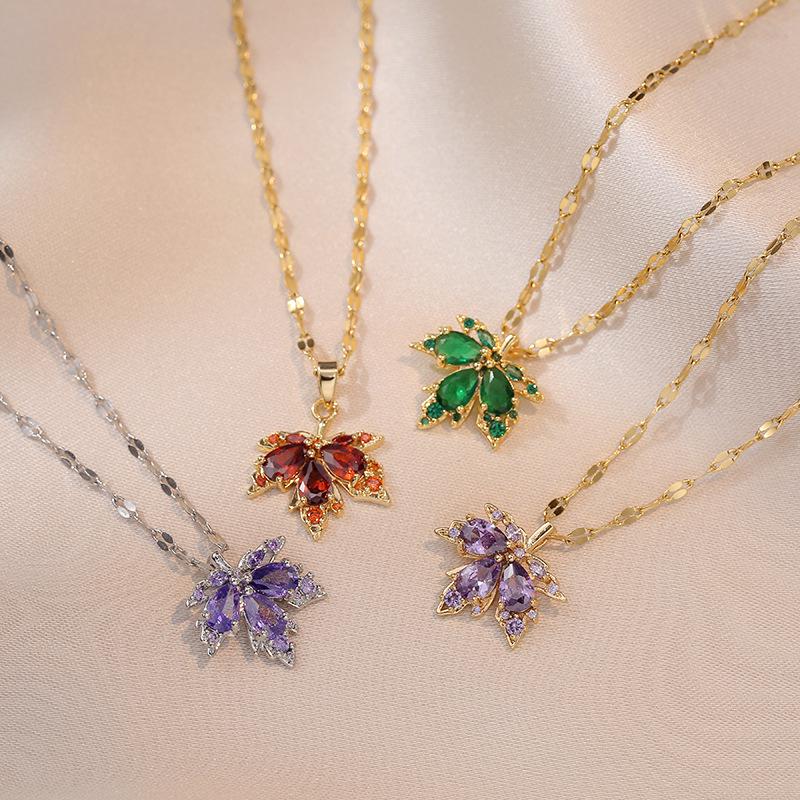 Purple Maple Leaf Zircon Titanium Steel Necklace - Fashionable, Simple, No-Fade Design for Women