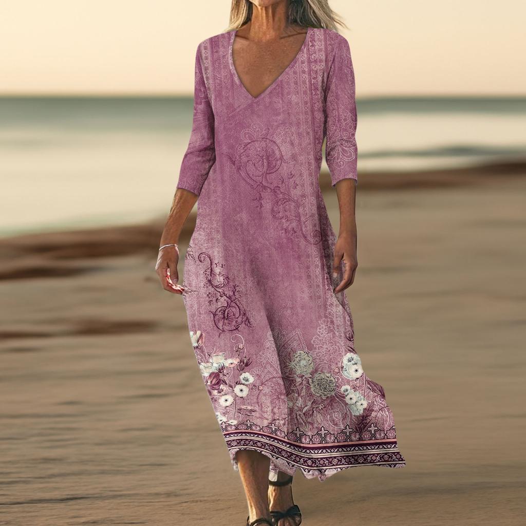 Платья для женщин Винтажный принт Туника с завышенной талией Миди-платье Летнее повседневное Платье с рукавом 3/4
