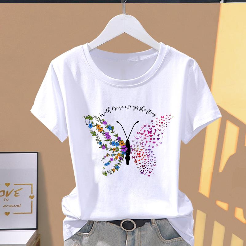 (Asian Size) Short Sleeve T-shirts flower butterfly trend cute Women's Top T Clothing Print  Fashion Female Casual O-neck Graphic Tee