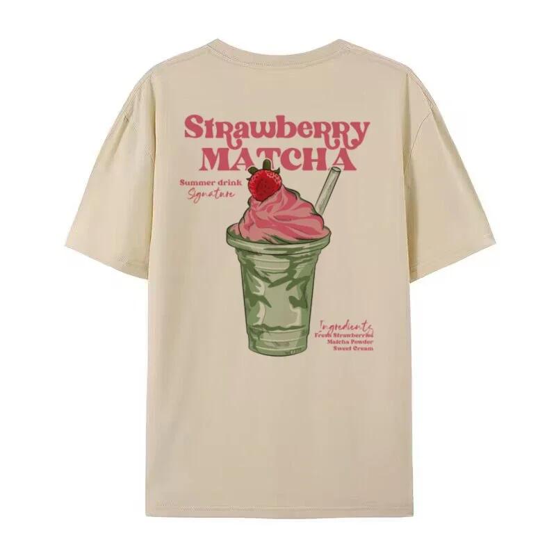 Cute Y2k Aesthetic Matcha Lover Tops Back Print Strawberry Matcha T Shirt Loose Streetwear Graphic Tees Unisex Fashion Clothing