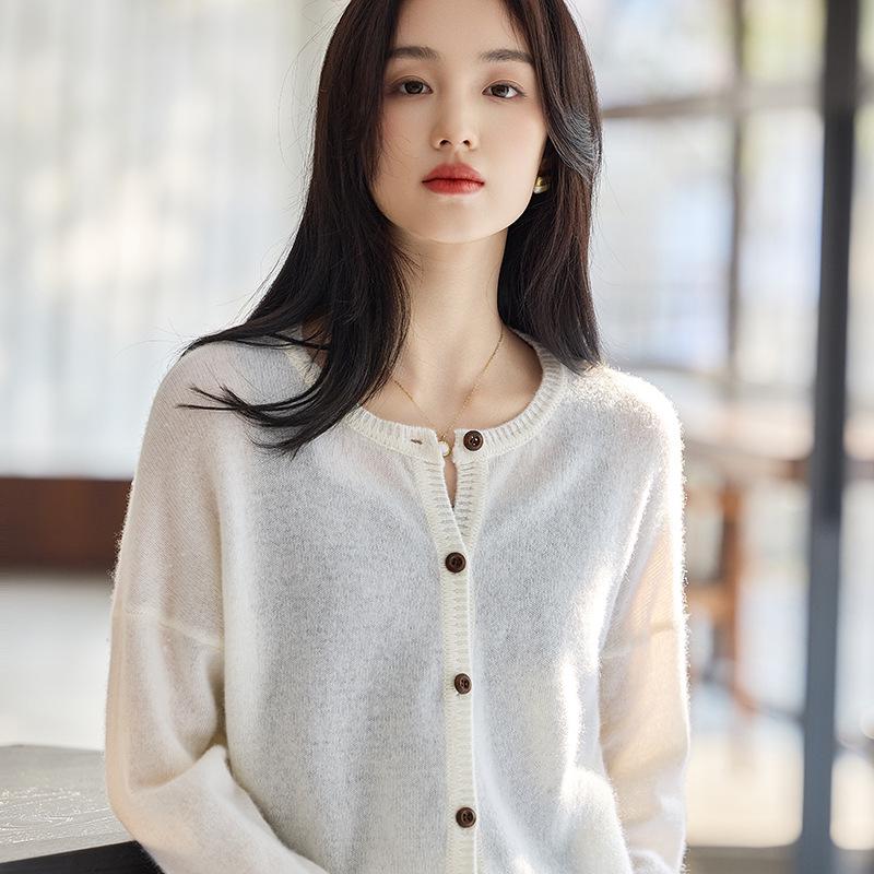 Women's Wool Cashmere Cardigan: Solid Color, Round Neck, Stylish, Long Sleeve, Loose Fit Sweater Jacket