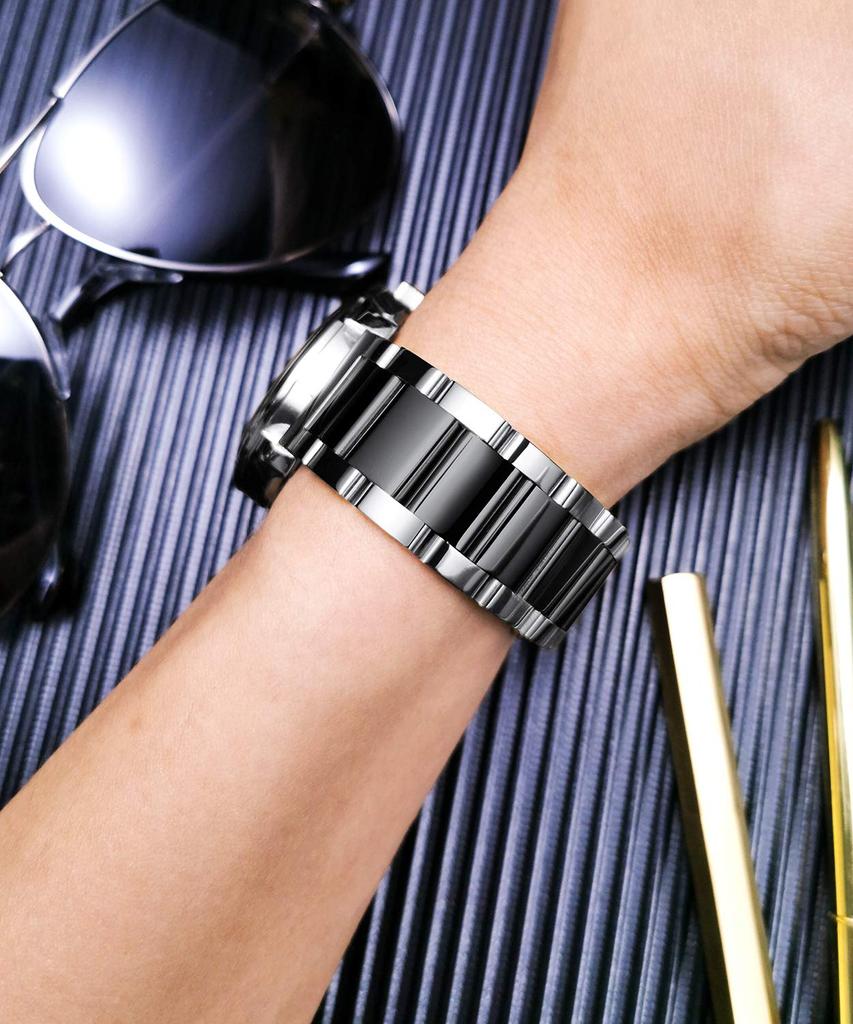 BINLUN Watch Band Stainless Steel Band Replacement Strap Polished Matte Brushed Solid Strap Silver and (Polished Black, 16mm)
