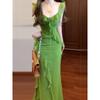 New Summer Beautiful Lotus Leaf Edge Green Floral Suspender Dress Versatile Women's Seaside Vacation Waist Dress