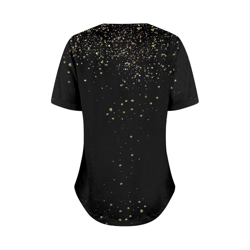 Ladies' Fashionable Printed Round Neck Pleated Short Sleeved Shirt