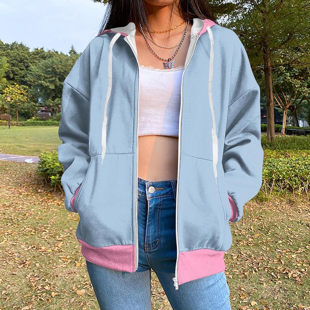Толстовка с капюшоном на молнии для женщин с длинным рукавом, свободные толстовки для женщин, куртка с карманами, модная одежда на осень