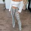 Women Fashion Stripe Elasticity High Waist Leggings Bell-bottoms Pants Wide Leg Tight Trousers High Street