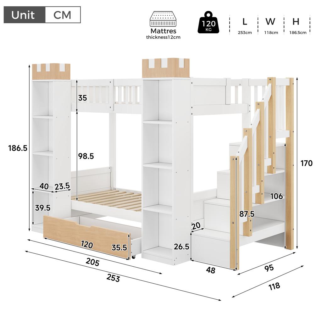Bunk bed, loft bed, children's bed, wooden bed 90x200cm with drawer, fall protection and storage staircase, castle-shaped storage, white+natural color