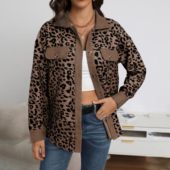 Women Spring Fall Coat Fake Chest Pocket Turn-down Collar Single-breasted Leopard Print Long Sleeves Mid Length Daily Wear Jacket