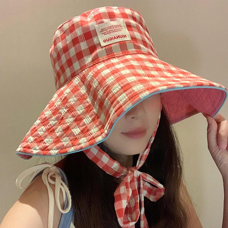 Dopamine Bucket Hat Women's High Sense Summer New Hat Plaid Visor Big Brim Sun Protection Hat