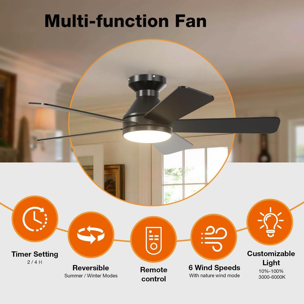 Современный потолочный светильник-вентилятор 52" 5 лопастей Бесшумный потолочный вентилятор Светодиодный светильник 6 скоростей DC Реверсивный вентилятор Черный/Дерево Встроенный монтаж