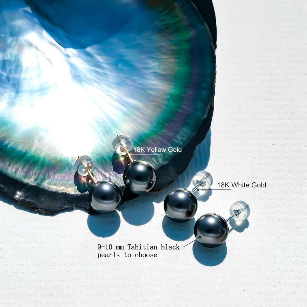 Genuine 10-11mm Tahitian Black Pearl Earrings for Women, AAAA Handpicked Natural Black Pearl Stud Earrings with 18K Gold Earring Posts, Luxury