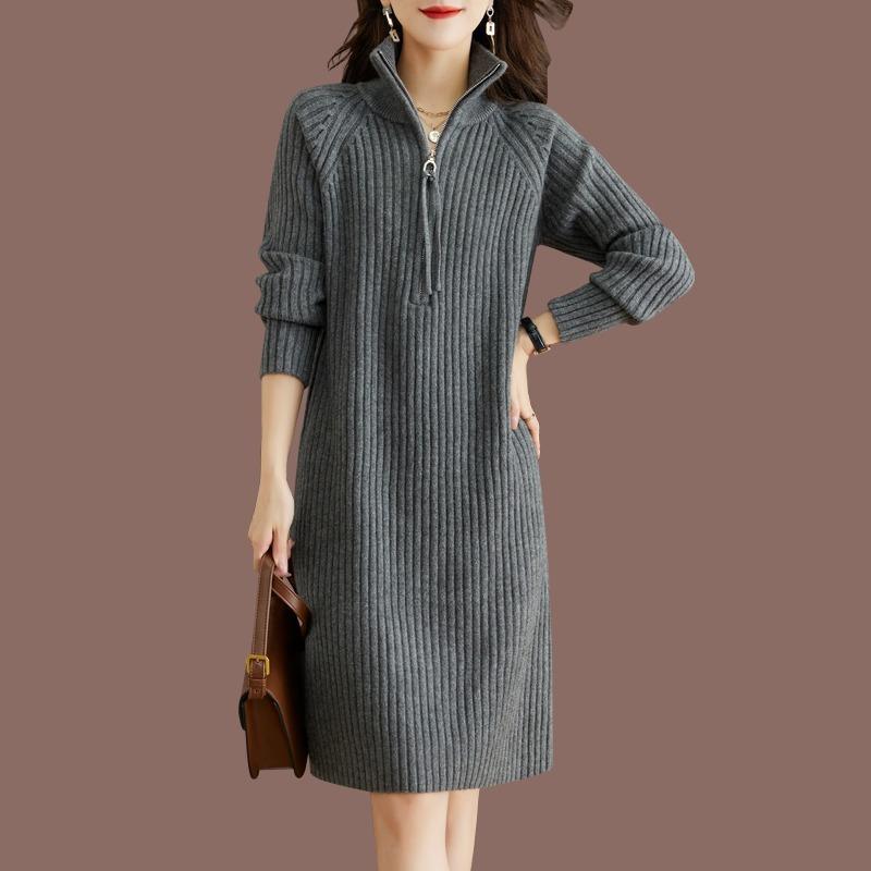 High Neck Thick Zipper Medium and Long Inner Sweater Skirt Autumn and Winter New Knitted Bottoming Dress Women