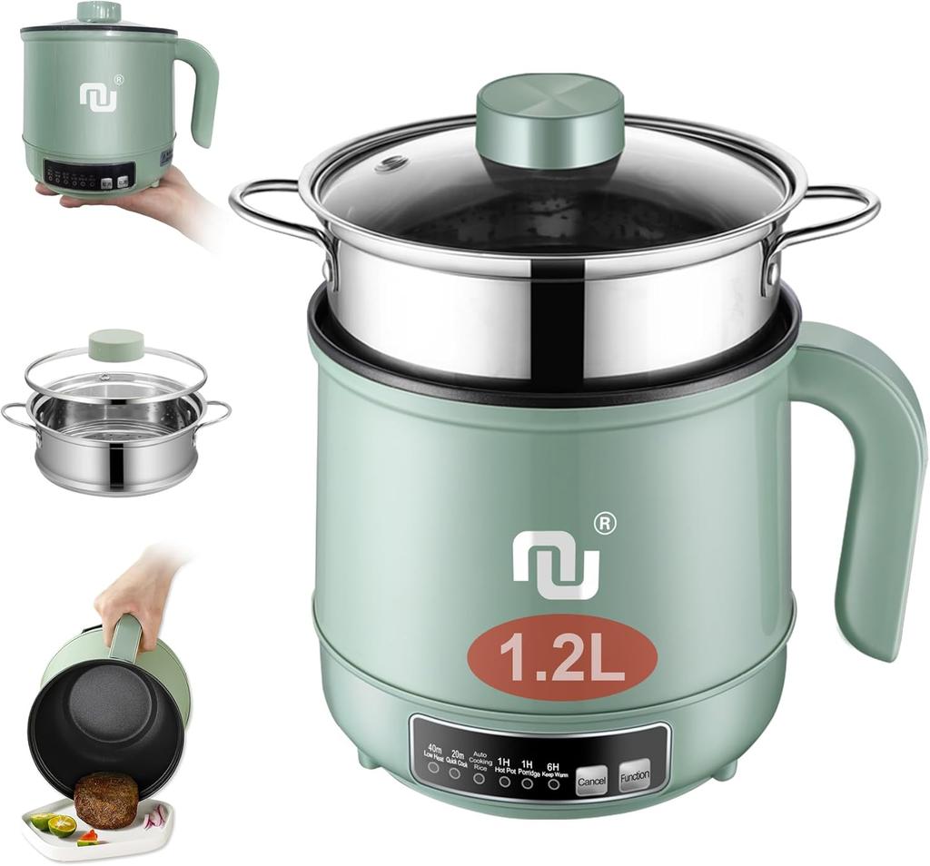 Hot Pot with Timer and Automatic Shut Off Non-Stick Rapid Noodle Cooker w Stainless Steel Steamer Basket