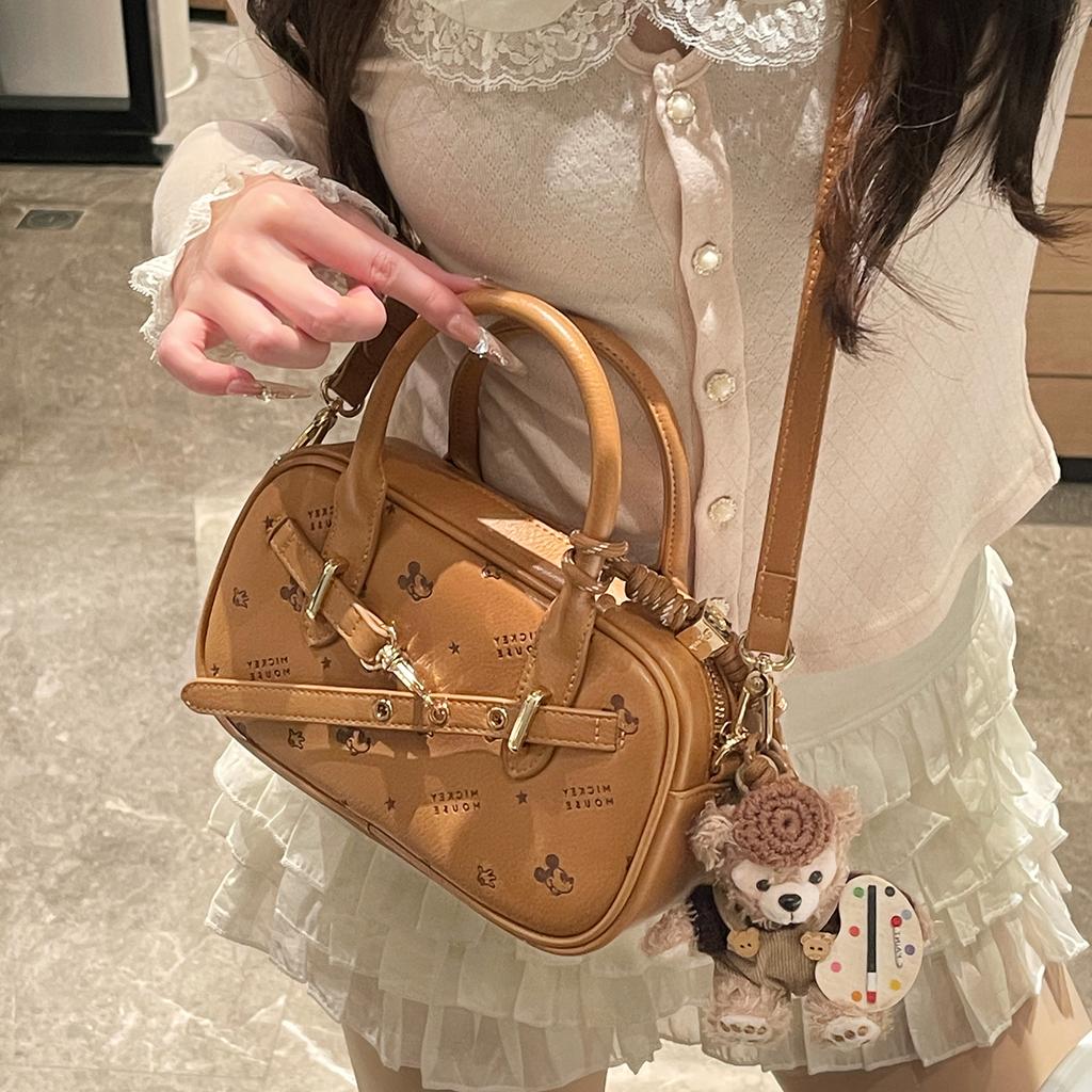 Disney Mickey Sweet Cute Cartoon Embossed College Style Bowling Bag Fashion High-End Versatile Women Handbag Caramel-Brown Cream-Pink BMK-73280