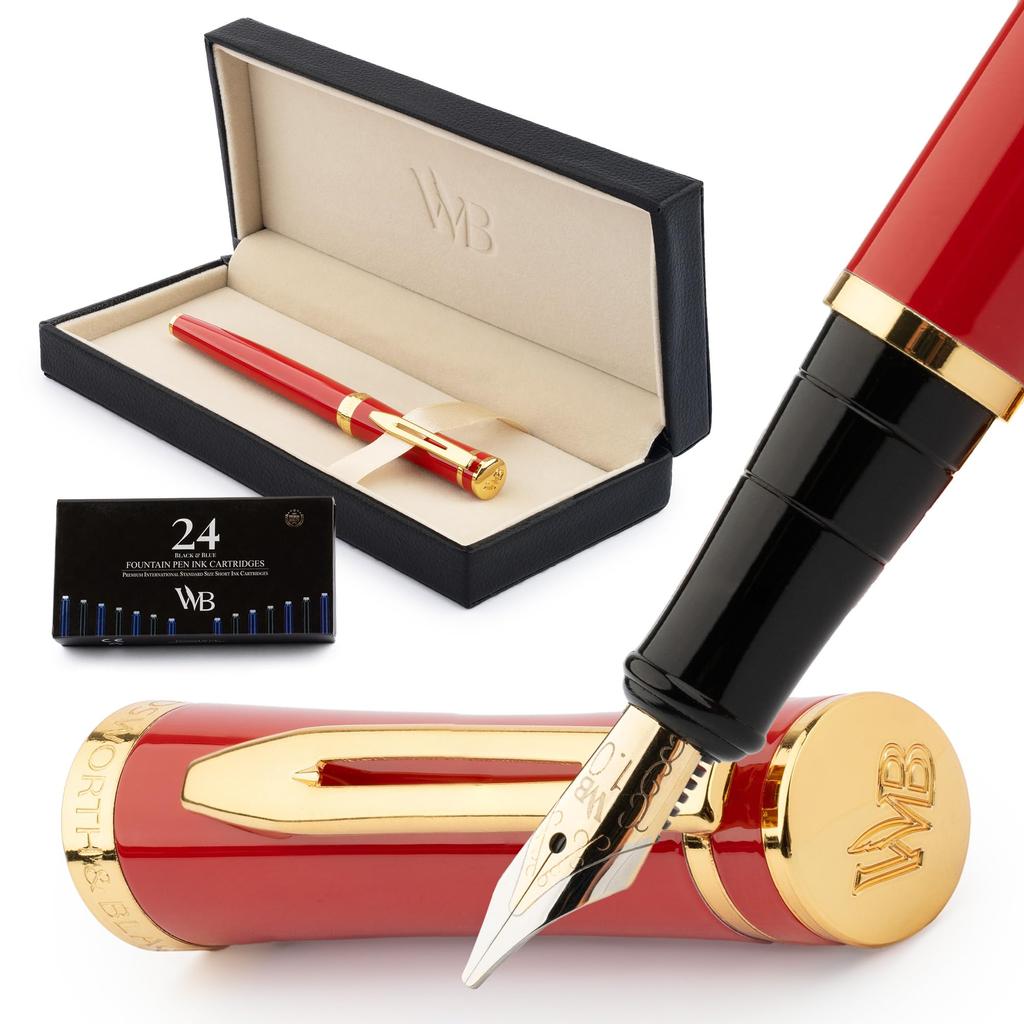Wordsworth Black Fountain Pen 18K Gold Plated Broad 24 Pack Ink Ink Refill Converter Gift Gold Perfect for Men and Women & Set, Nib, Cartridges, &