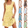 Women's Summer Casual Square Neck Dress With Pockets Cute Sleeveless High Waisted A-Line Vest Midi Dress