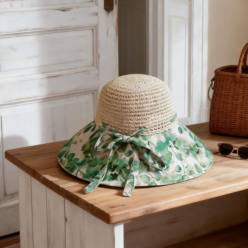 (One Size, Green) Women's Bohemian Patchwork Straw Hat Wide Brim Breathable Sun Protection Beach Cap Foldable Summer Floral Sun Hat