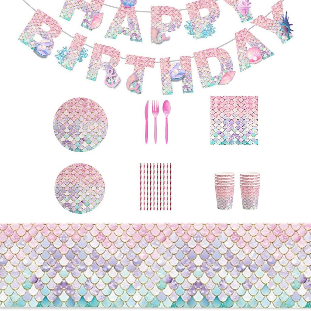 Посуда для вечеринки в виде розовой рыбьей чешуи: Одноразовые тарелки, стаканчики, полотенца на день рождения девочки