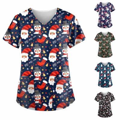 Женские топы с короткими рукавами и v-образным вырезом с рождественским принтом, рабочая блузка с карманами