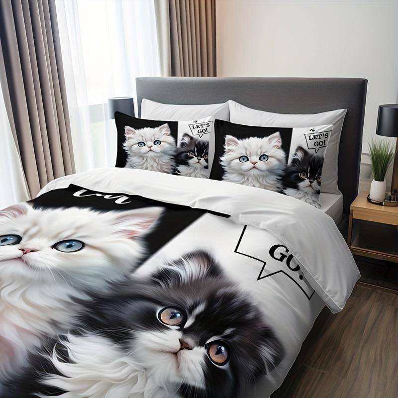 3pcs Adorable Cat & Kitten 3D Printing Bedding Set Breathable Duvets Cover Set "Let's Go" Motif Machine Washable Home Decor