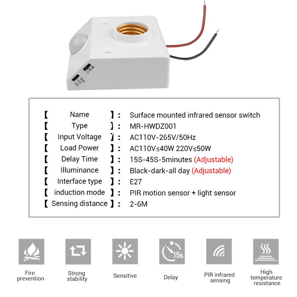 Светодиодная лампа E27 с автоматическим инфракрасным PIR-датчиком движения, патрон E27, детектор движения PIR, настенный светильник, патрон, энергосбережение, экономия электроэнергии