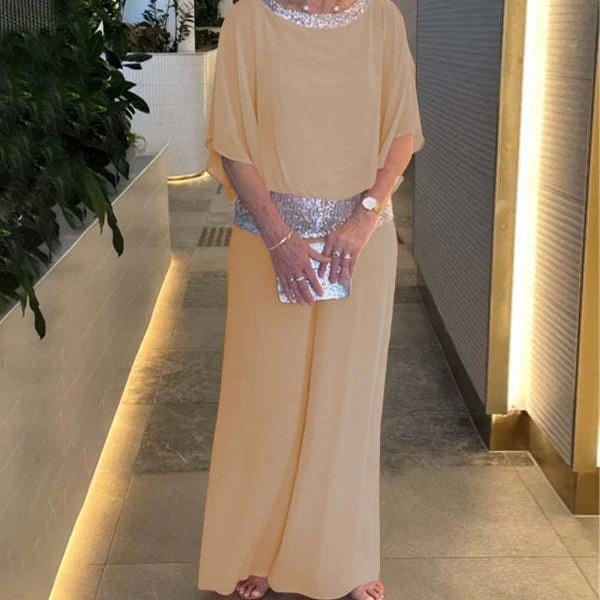 Europe and The United States Ladies Suit Round Neck Sequins Color Blocking Bat Shirt Wide Leg Pants Suit Female