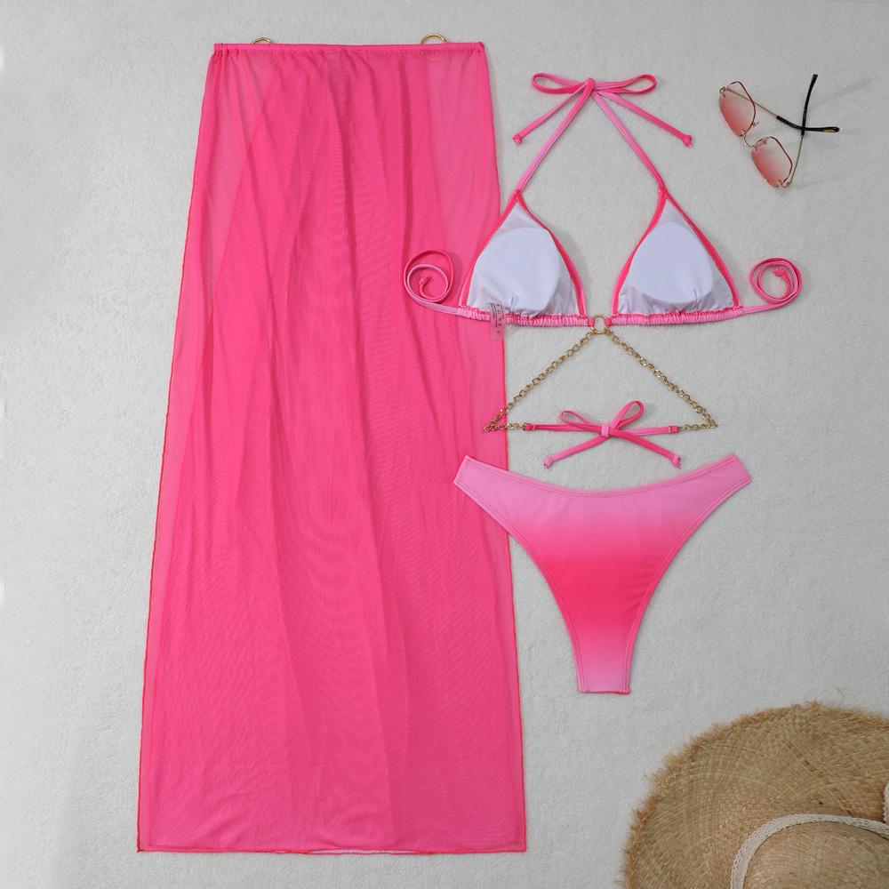 Sexy with Cover Up Gradient Halter Bikini 3PCS Female Swimsuit Women Swimwear Three-pieces Bikini Set Bather Bathing Suit Swim