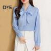 Женская рубашка со шнуровкой и бантом на воротнике, с длинным рукавом, повседневная рубашка, однотонная, свободная, шифоновая рубашка, топы, повседневная одежда