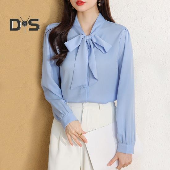 Женская рубашка со шнуровкой и бантом на воротнике, с длинным рукавом, повседневная рубашка, однотонная, свободная, шифоновая рубашка, топы, повседневная одежда