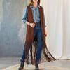 Fringe Long Tassel Open-Front Sleeveless Loose 70s Hippie Cardigan Solid Color Patch Pocket Cowboy Cosplay