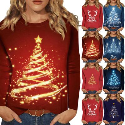 Женская модная повседневная футболка с круглым вырезом и рождественским принтом и длинными рукавами