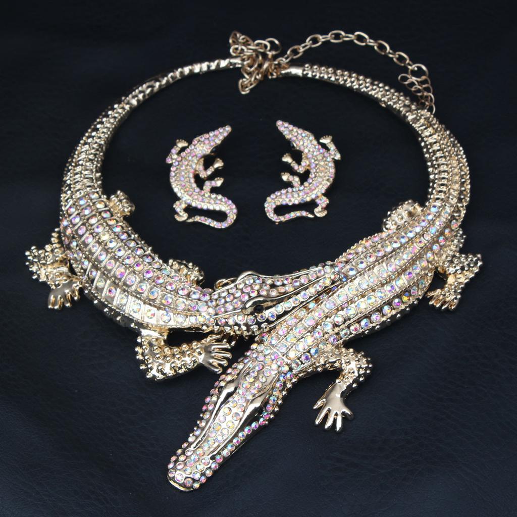 Vintage Exaggerated Crocodile Necklace Earrings Set with Diamond Personalized Collar Women's Accessories