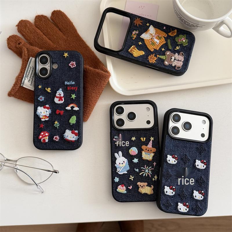 Креативный джинсовый чехол для iPhone с вышивкой кота и снеговика для 17, 16 Pro Max, 15, 14