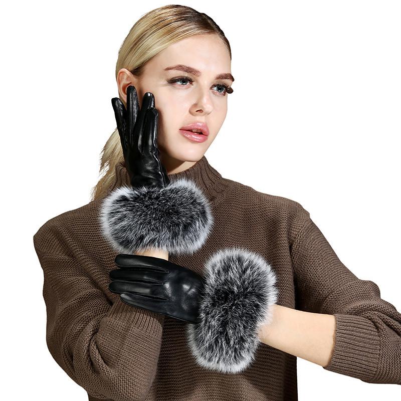 Women's Fox Fur Gloves, Sheepskin With Winter Fleece For Warmth Outdoor Driving Thin Women's Touch Screen Leather Gloves Women's