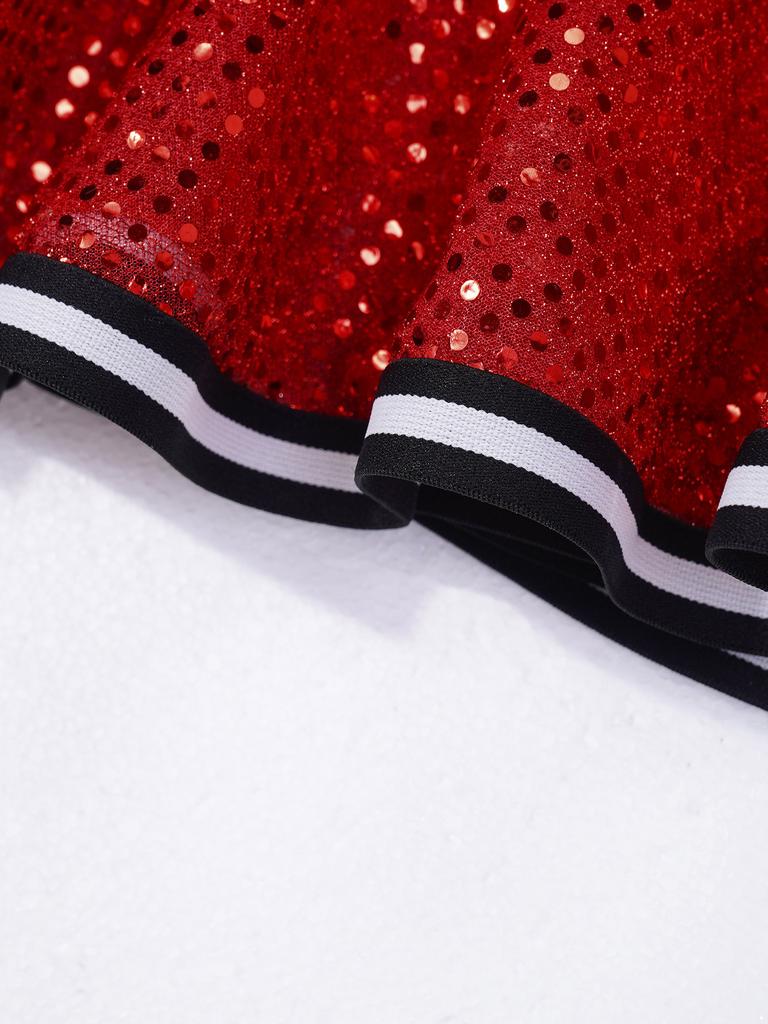 Платье для чирлидинга для девочек, с длинным рукавом, с открытыми плечами, с круглым вырезом, контрастного цвета, с блестящими пайетками, костюм для танцев