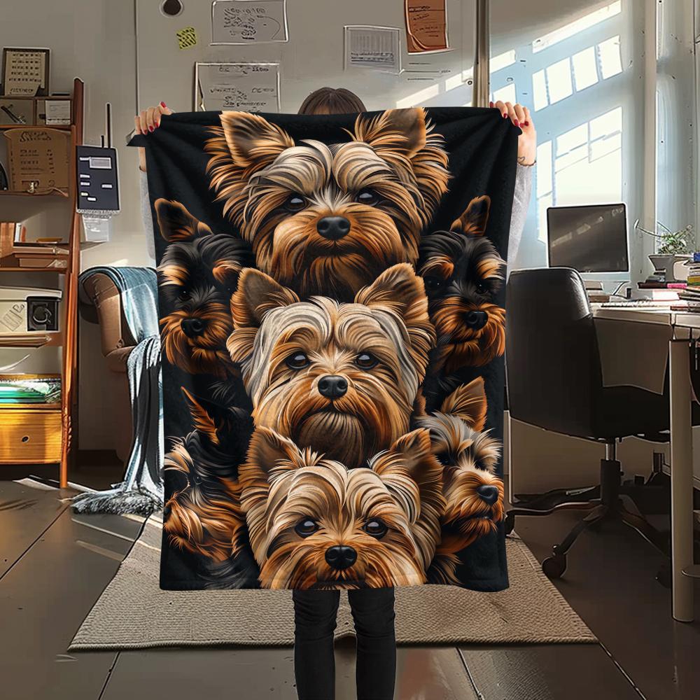1 шт. Фланелевое одеяло с принтом йоркширских терьеров, Высококачественное, Удобное для всех сезонов, Декор для дома, Тепло и уют, Идеально для рождественских подарков