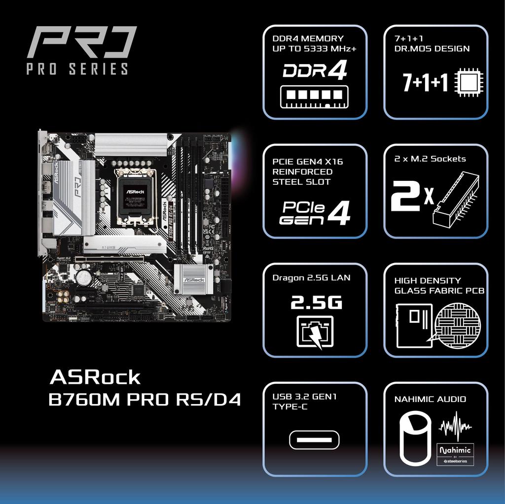 Asrock Материнская плата B760M Pro совместима с процессорами Intel 12-го и 13-го поколений, чипсет B760, материнская плата DDR4 Micro ATX, авторизованный дистрибьютор RS/D4