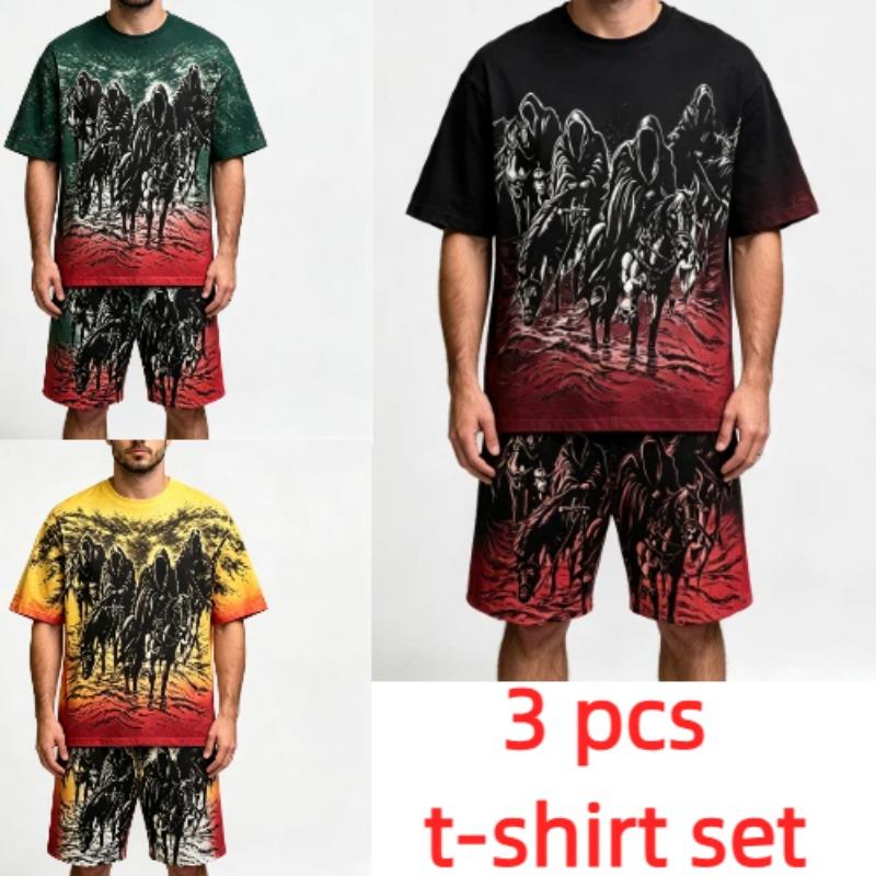 Summer Fashion Gothic Style Vintage Death Knight Printed Round Neck Short Sleeved T-Shirt And Shorts Set Men's and Women's T-shirt Shorts Set