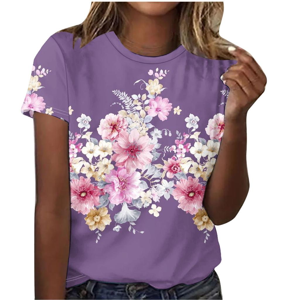 Summer Round Neck Beautiful Floral Print Top Fashionable Casual Short Sleeved Women's T-shirts