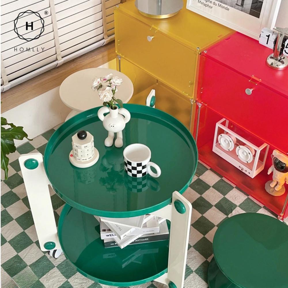 Homlly Lunii 2 Tiers Coffee Round Side Table With Rolling Wheels