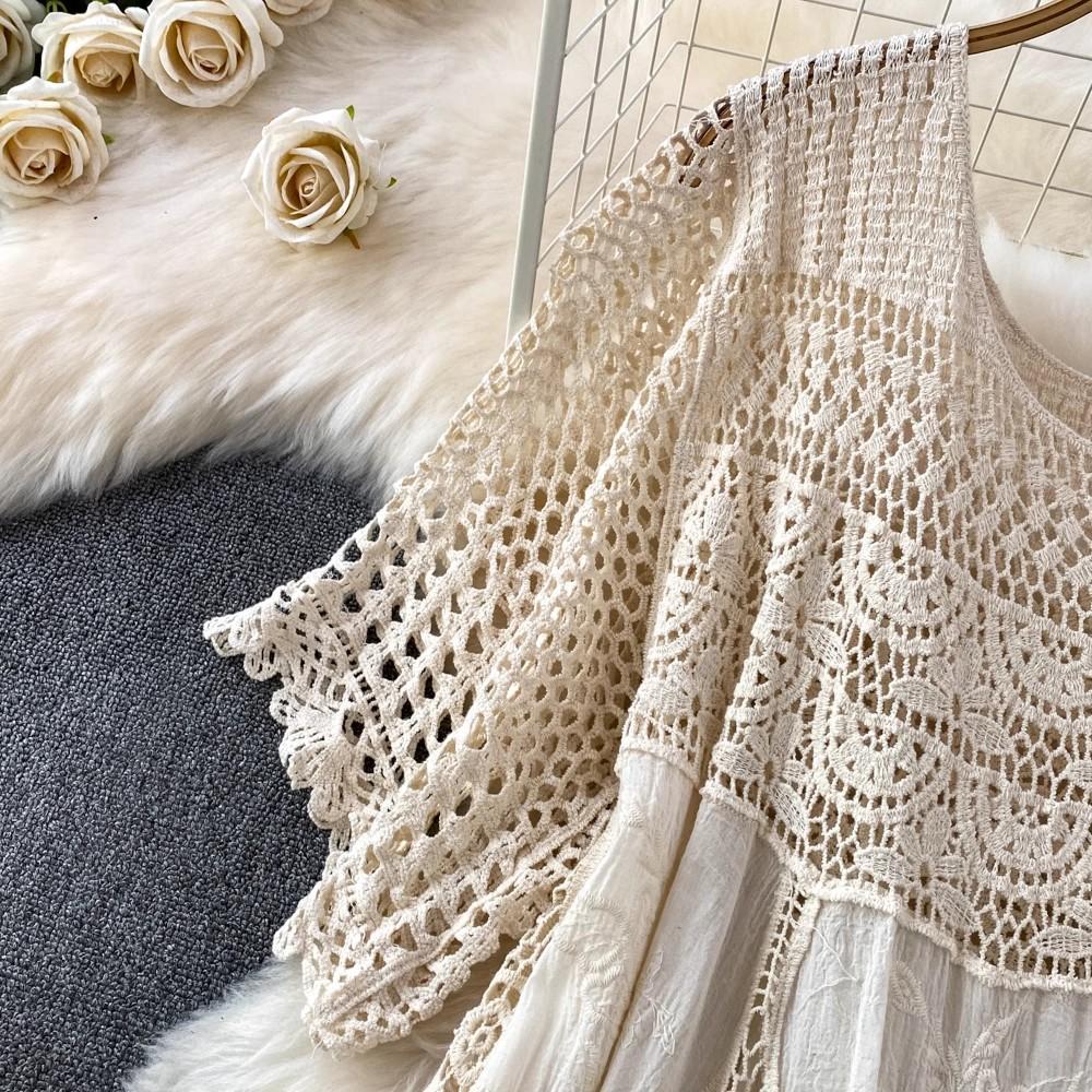 Dimanaf 2025 New Summer Women Long Knitted Dress Sleeve Basic Fashion Lace Dresses Casual Loose