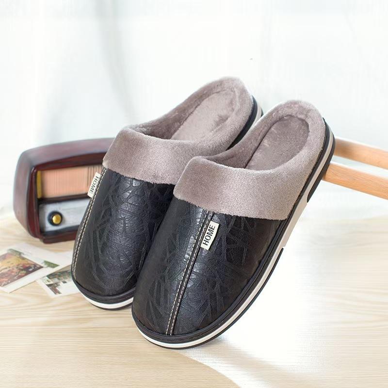 Men Women Waterproof PU Leather Winter Warm Plush Home Shoes House Slippers Indoor Anti-Skid